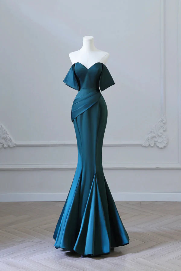 Wholesale Simple Off Shoulder Satin Ink Blue Long Prom Dress Ink Blue Mermaid Formal Dress
